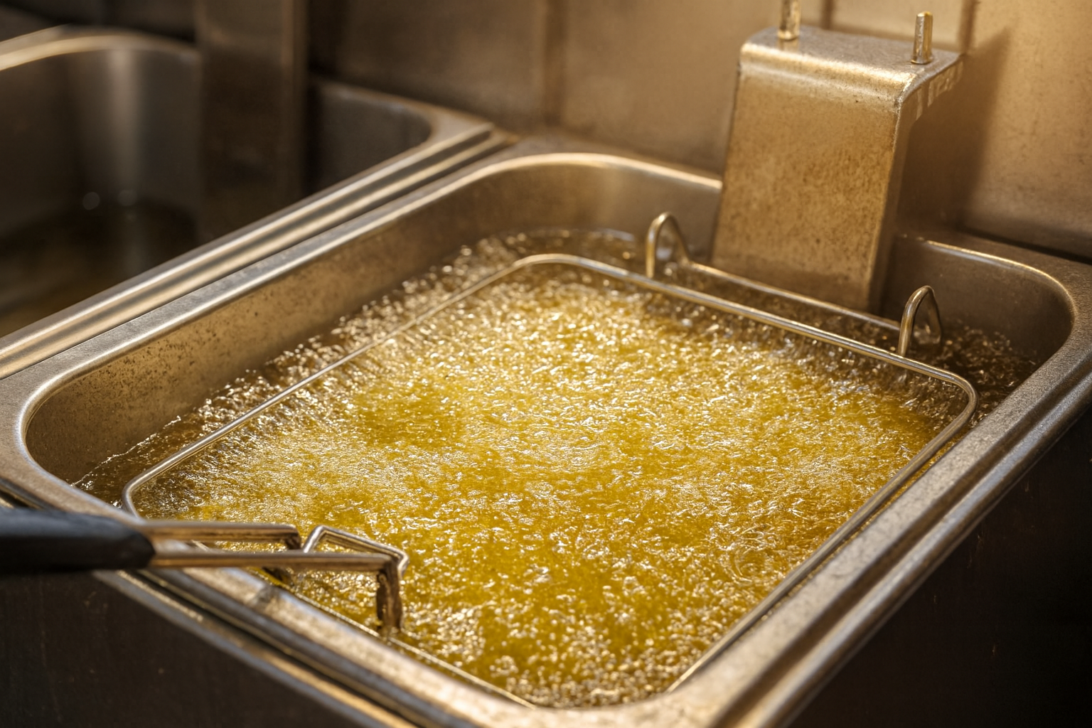 Fritadeira comercial em aço inox com óleo borbulhante e cesta metálica submersa em cozinha profissional.