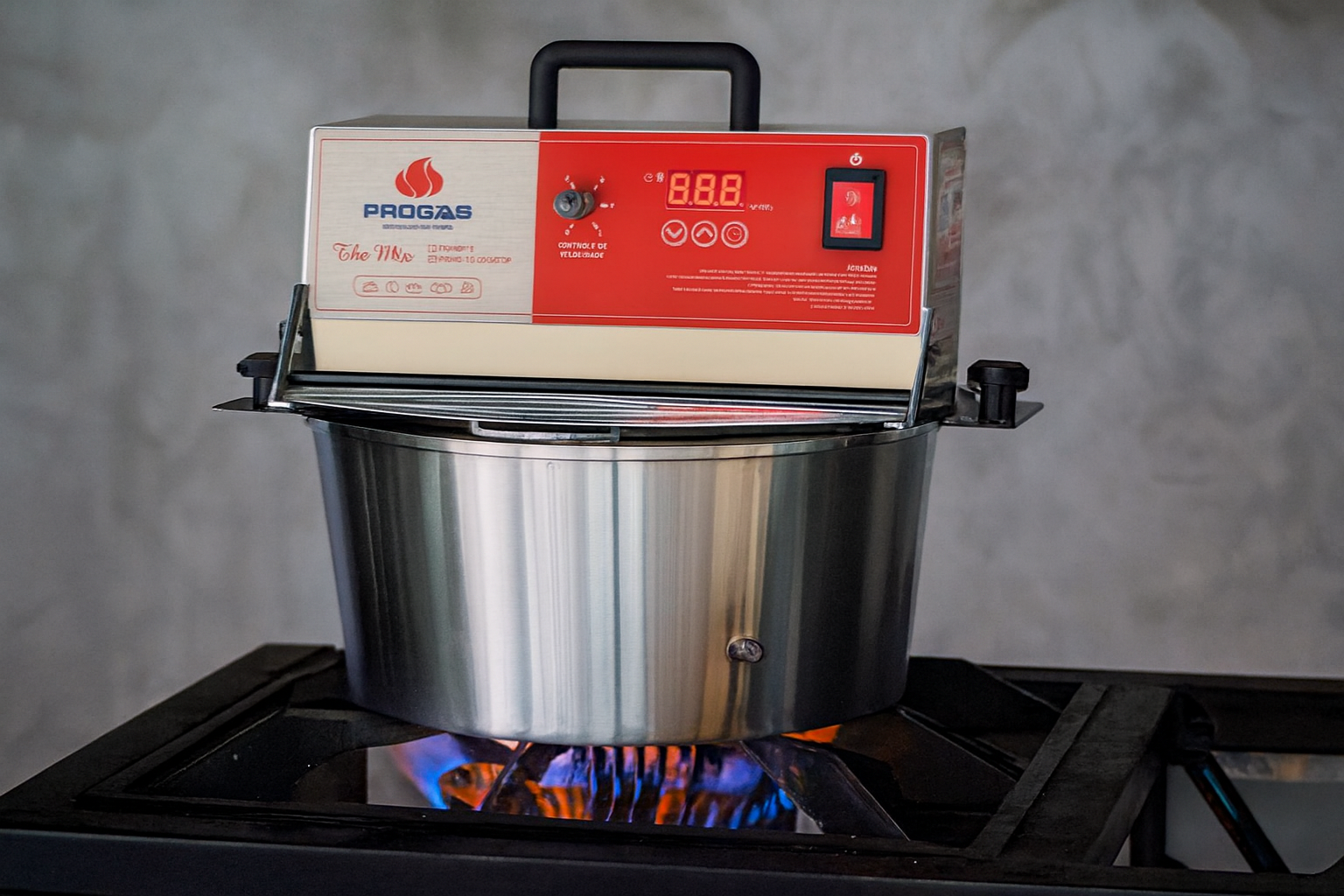 Misturador Progás PRMQ-10 sobre fogão industrial aceso, com chamas visíveis sob o tacho inox e painel digital em destaque.