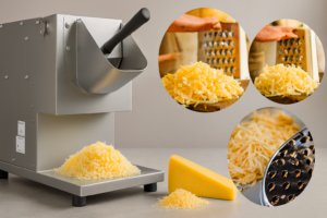 Imagem ultra realista e panorâmica de um ralador de queijo industrial em aço inox, com três miniaturas circulares mostrando métodos manuais e resultados de queijo ralado.