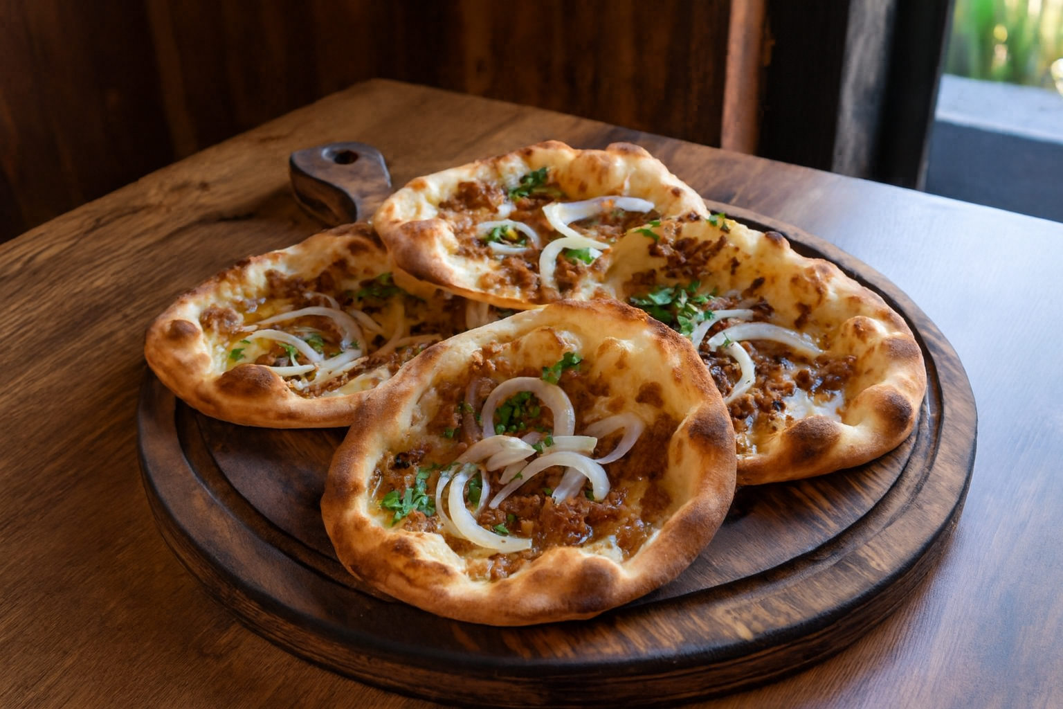 Imagem ultra realista e mais larga de pães naan cobertos com carne moída, cebola fatiada, pimenta verde e coentro fresco sobre uma tábua rústica de madeira.