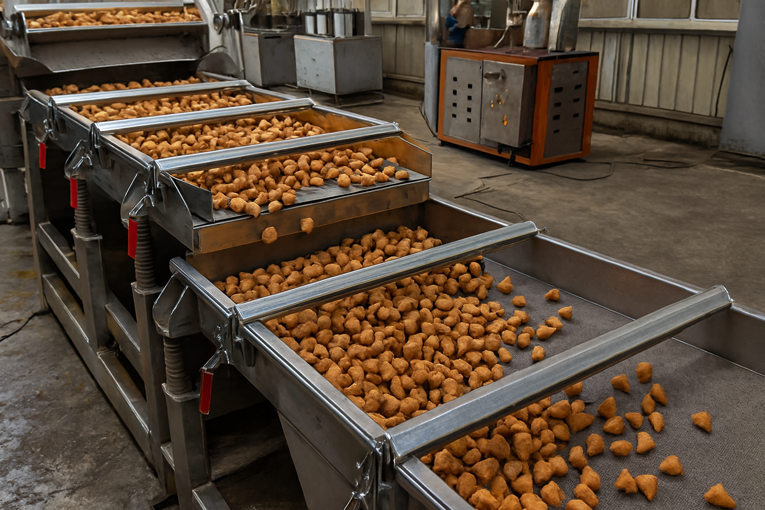 Mini coxinhas douradas são separadas por tamanho em peneiras vibratórias metálicas dentro de uma fábrica industrial.