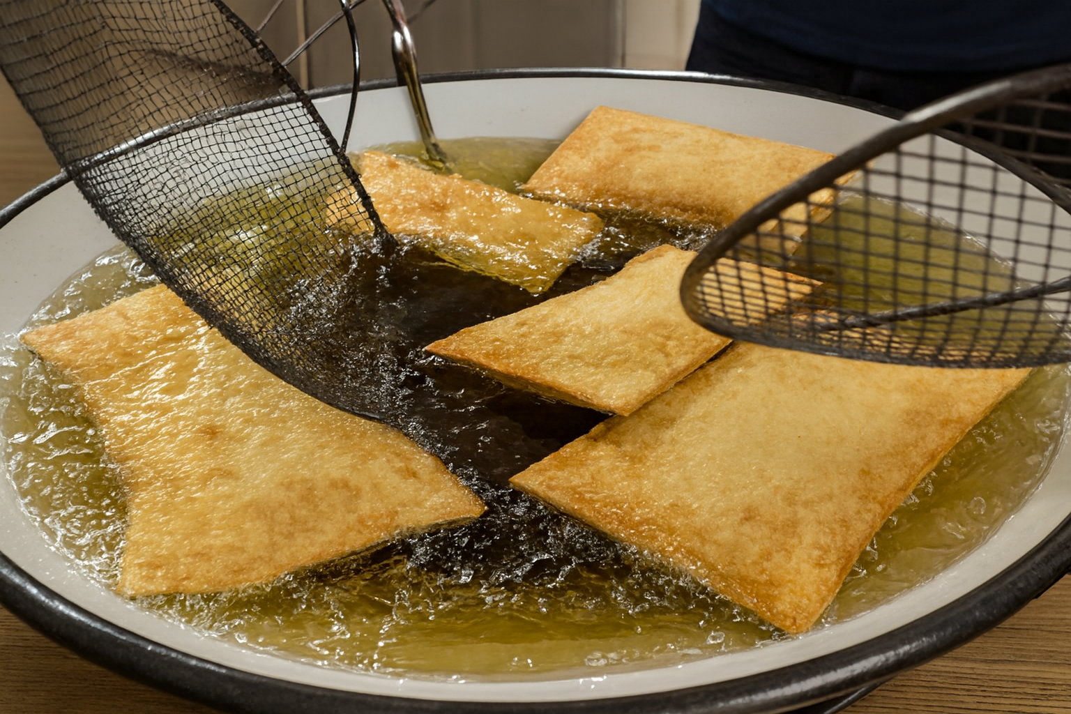 Pastel fritando em óleo quente, com utensílios de fritura em ação.