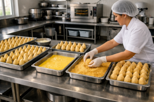 cozinha profissional com produção de coxinhas em escala