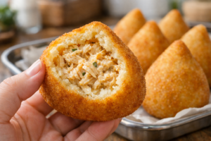uma coxinha ultra realista, dourada e macia, com o recheio cremoso de frango bem visível.