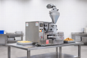 Formadora de salgados MCI sobre mesa inox. Ambiente industrial limpo e organizado.