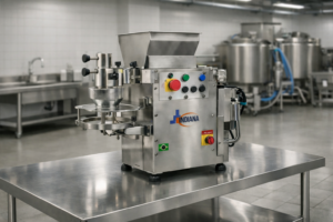 máquina posicionada sobre uma mesa de inox em um ambiente de fábrica