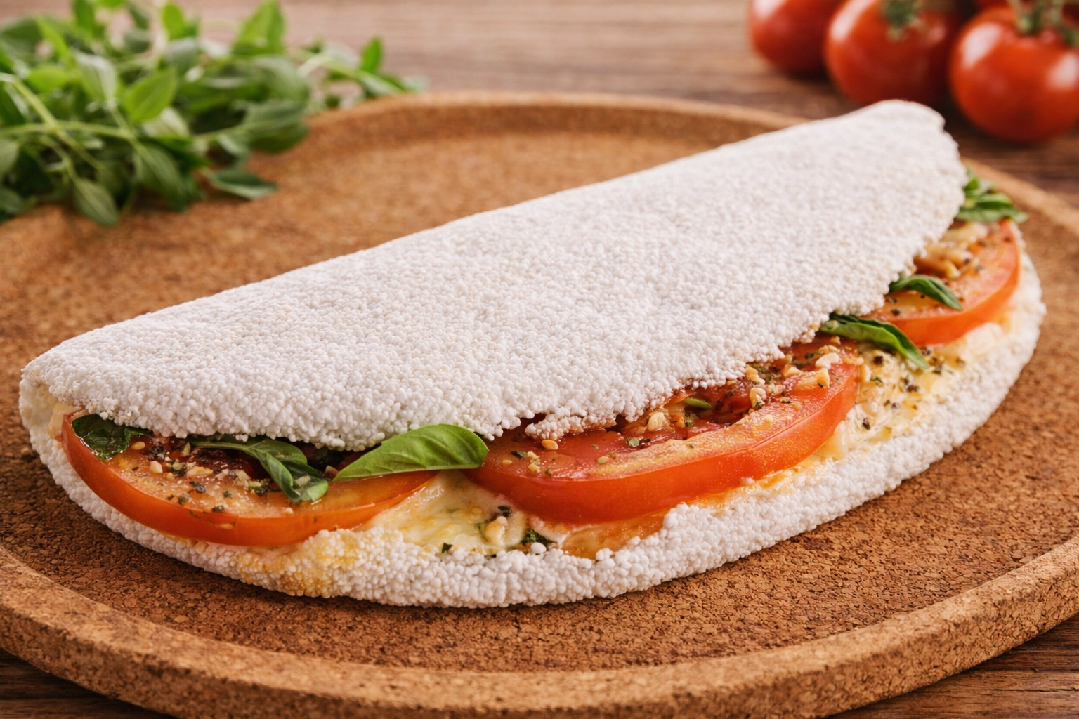 Aqui está a versão mais larga e ultra realista da tapioca que você pediu. **Descrição curta:** Tapioca brasileira dobrada, recheada com tomate fresco, folhas de manjericão e queijo derretido.