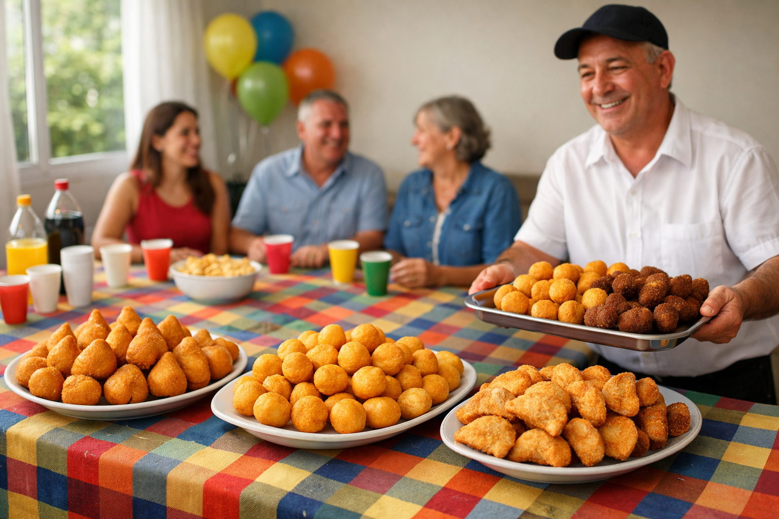 uma cena acolhedora de festa simples em casa, com os salgadinhos brasileiros em destaque e o clima familiar ao fundo.