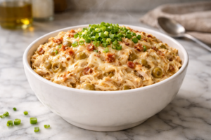 Recheio de frango cremoso com catupiry em tigela de cerâmica branca, com textura cremosa e cebolinha verde por cima, sobre bancada de mármore