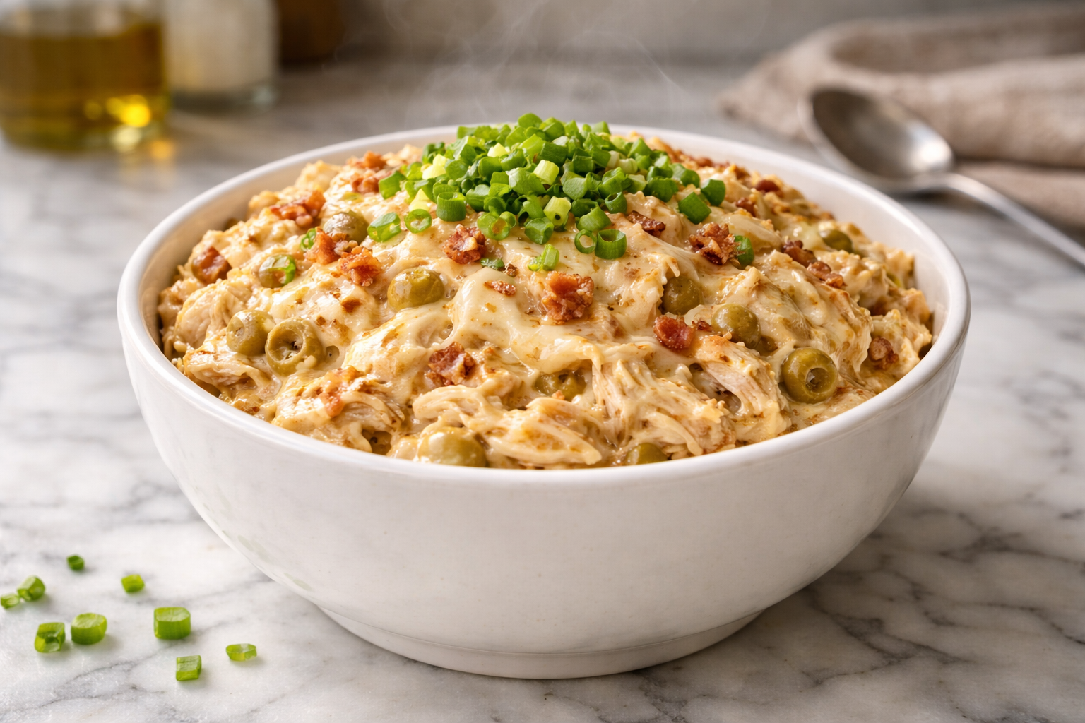 Recheio de frango cremoso com catupiry em tigela de cerâmica branca, com textura cremosa e cebolinha verde por cima, sobre bancada de mármore