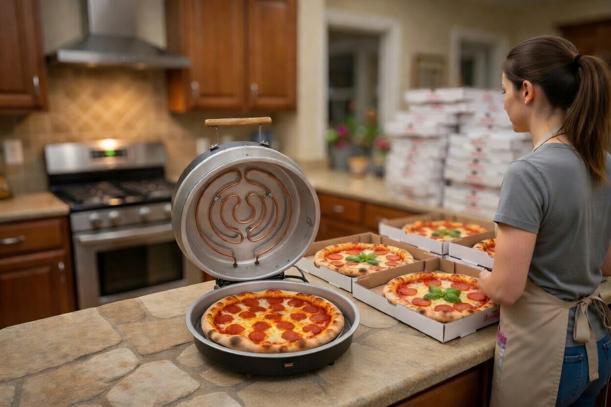 Mulher de costas em cozinha doméstica usando forno elétrico redondo portátil pizzehome para pizzaria delivery em casa. Uma pizza de pepperoni dourada assando dentro do forno aberto, com várias caixas de pizza prontas para entrega sobre a bancada ao lado. pizzaria delivery em casa