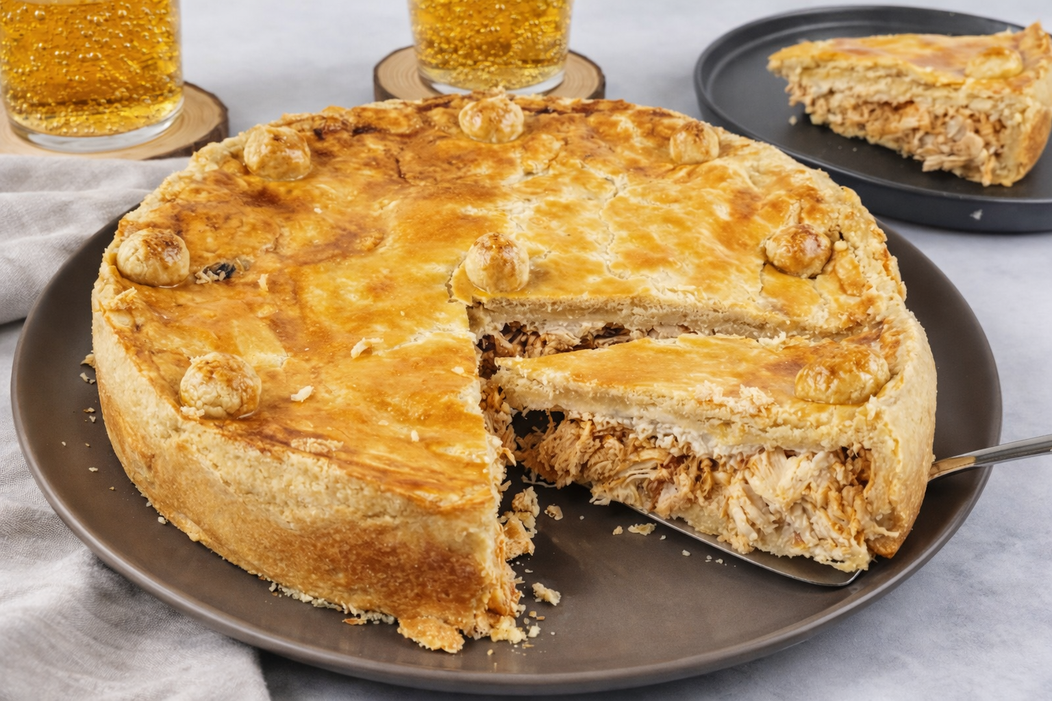 Empadão de frango caseiro dourado em prato cinza, com fatia sendo servida por espátula. A crosta crocante e dourada exibe pequenas esferas decorativas na borda, revelando recheio de frango desfiado úmido. Ao fundo, copos de guaraná com bolhas sobre descansos de madeira e toalha listrada em tons neutros completam o cenário iluminado naturalmente, com aparência realista e refinada.