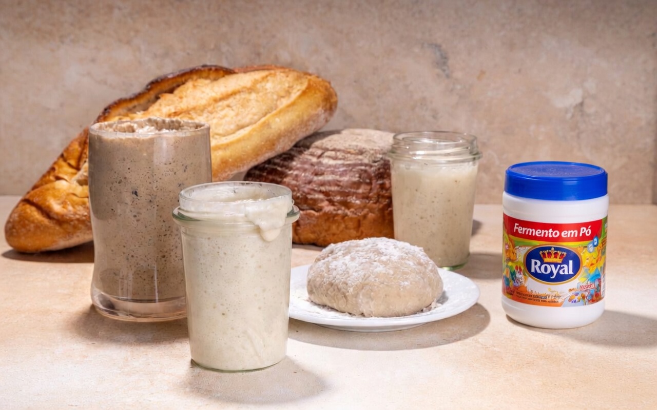 Pães artesanais, fermentos naturais e fermento em pó químico Royal dispostos em mesa de cozinha, foto ultra realista.