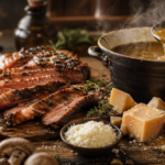 Fotografia gastronômica profissional em estilo editorial mostrando uma mesa de madeira rústica com alimentos ricos em umami: fatias de carne grelhada suculenta, pedaços de queijo parmesão, tomates maduros cortados, cogumelos frescos e uma panela de caldo quente com vapor visível, sob iluminação quente e natural.