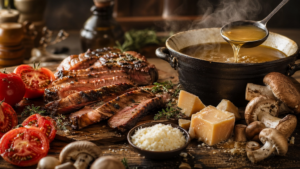 Fotografia gastronômica profissional em estilo editorial mostrando uma mesa de madeira rústica com alimentos ricos em umami: fatias de carne grelhada suculenta, pedaços de queijo parmesão, tomates maduros cortados, cogumelos frescos e uma panela de caldo quente com vapor visível, sob iluminação quente e natural.