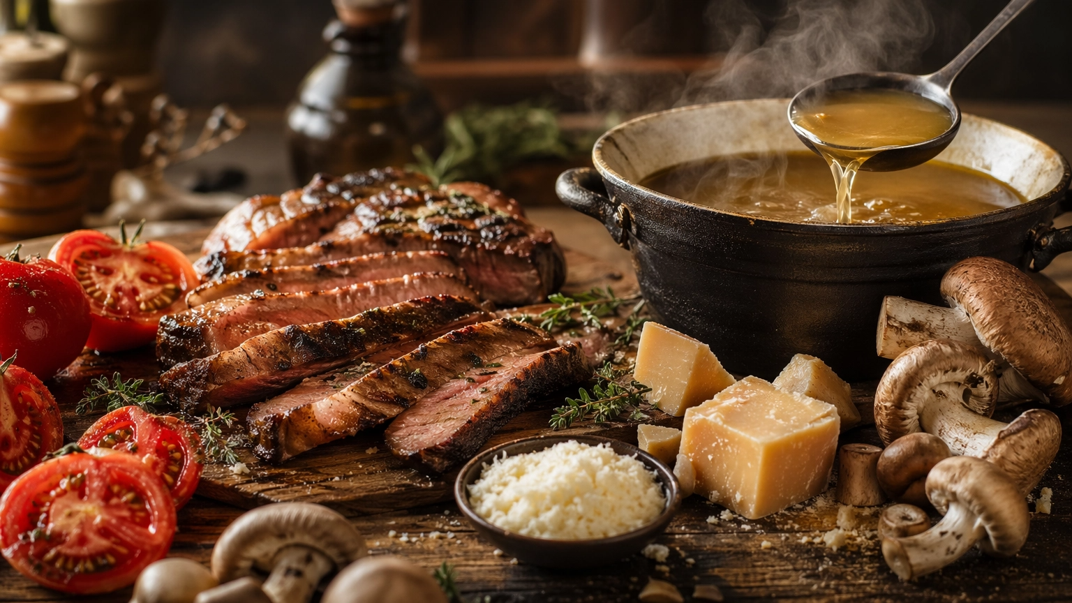 Fotografia gastronômica profissional em estilo editorial mostrando uma mesa de madeira rústica com alimentos ricos em umami: fatias de carne grelhada suculenta, pedaços de queijo parmesão, tomates maduros cortados, cogumelos frescos e uma panela de caldo quente com vapor visível, sob iluminação quente e natural.