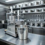 processador industrial sob mesa de inox e cozinha industrial ao fundo.