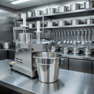 processador industrial sob mesa de inox e cozinha industrial ao fundo.