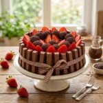 Bolo de chocolate decorado com palitos de Kit Kat ao redor e laço xadrez, coberto com brigadeiros gourmet e morangos frescos fatiados.