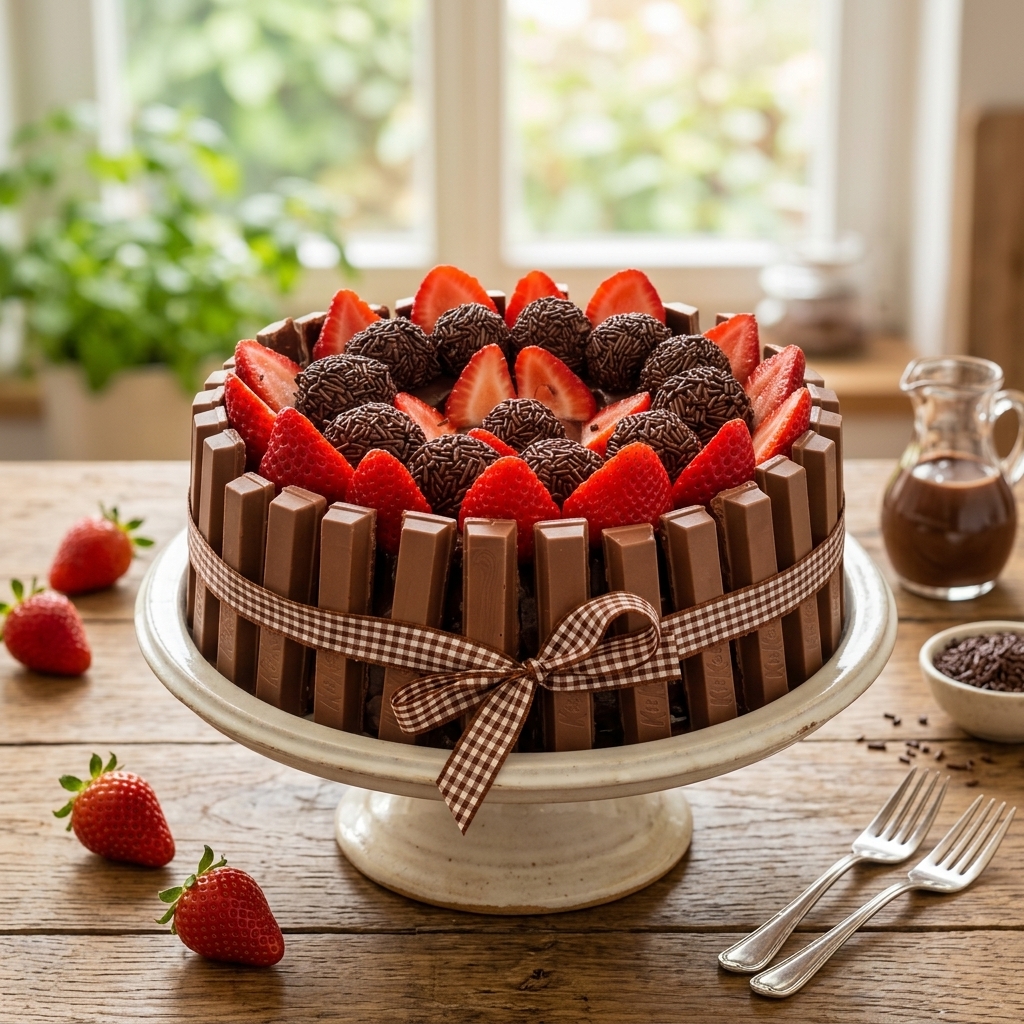 Bolo de chocolate decorado com palitos de Kit Kat ao redor e laço xadrez, coberto com brigadeiros gourmet e morangos frescos fatiados.